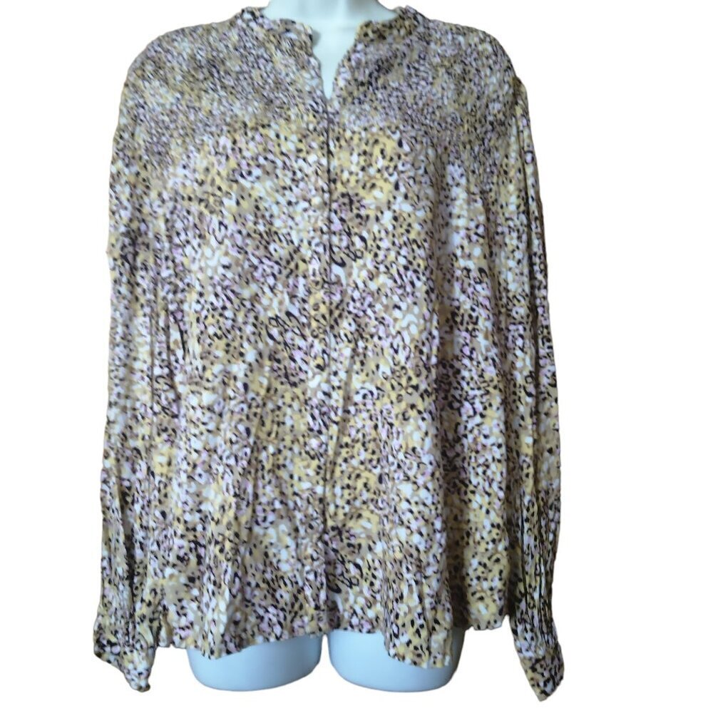 Time and Tru Size Large (12-14) Long Sleeve Smocked Button Front Blouse Office